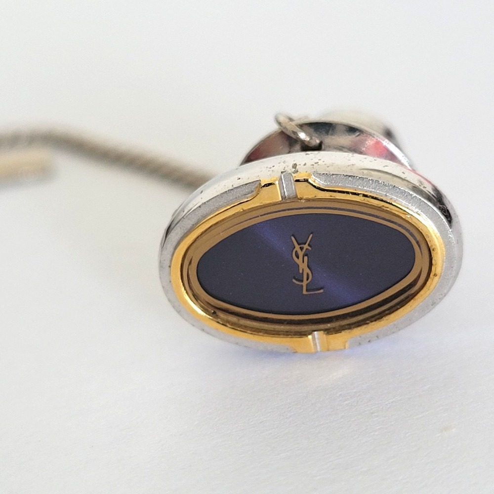 Yves Saint Laurent YSL Vintage Tie Tack Silver Gold Tone Black Monogram Logo Pin